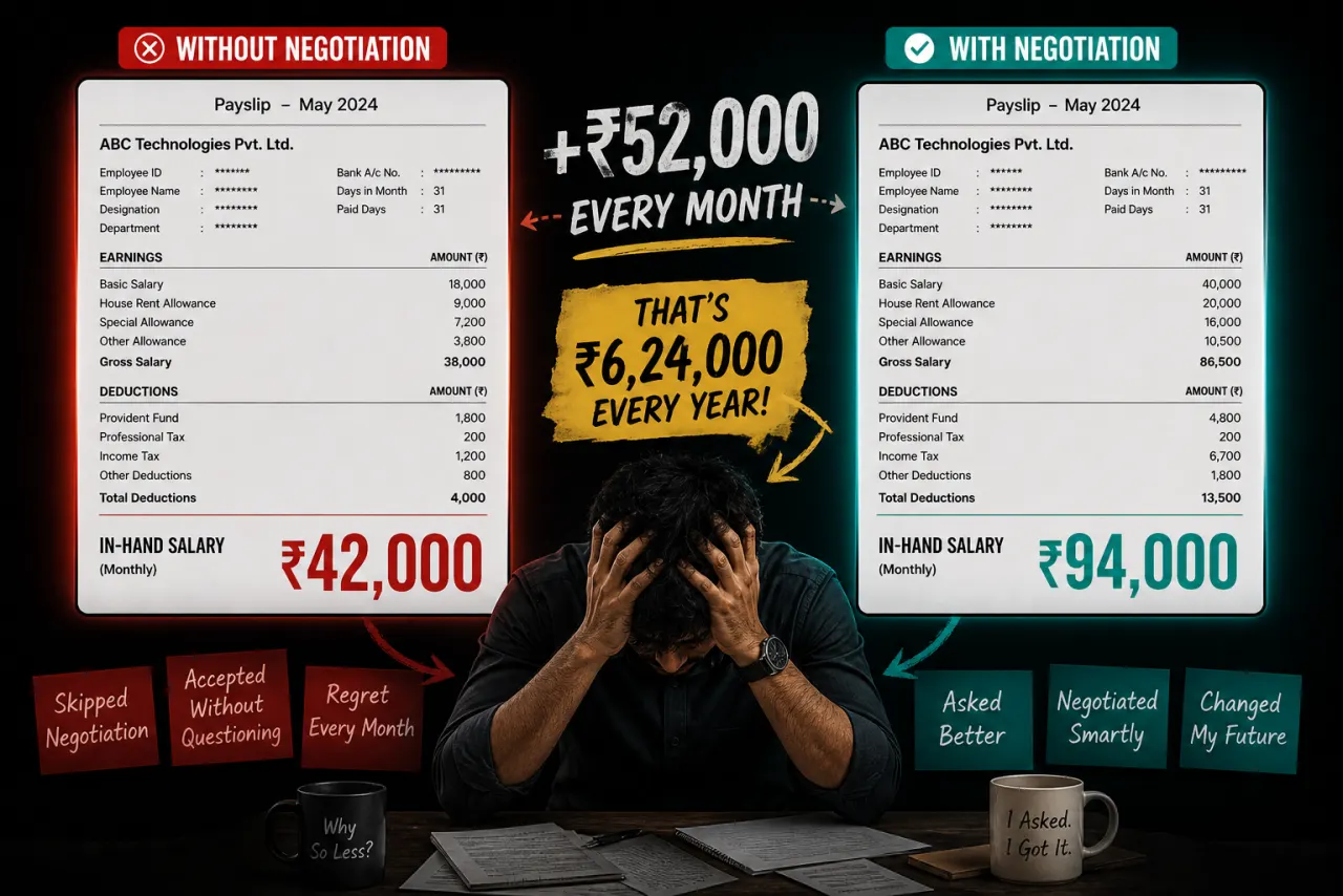 Without negotiation ₹42,000 vs With negotiation ₹94,000 — ₹52,000 more every month